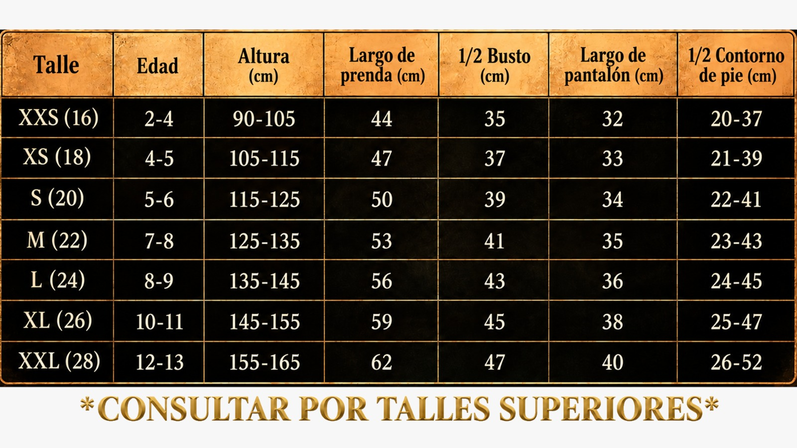 Guía de talles de XXS (16) a XXL (28). Las medidas también están disponibles en la tabla siguiente.